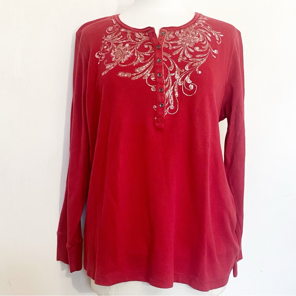 Eddie Bauer Thermal Distressed Dark Red Long-Sleeve Henley Top with Graphic XXL